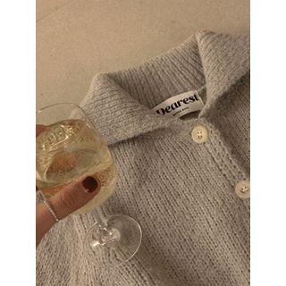 Collared Shirred-shoulder Wool Blend Cardigan Gray - One Size
