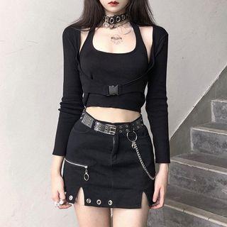 Cropped Tank Top / Long-sleeve Crop Top / Mini Skirt / Set