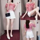 Set: Printed Elbow-sleeve Top + High Waist Shorts
