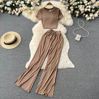 Set Of 2 : Short-sleeve Round-neck Cropped Top + High-waist Drawstring Wide-leg Pants
