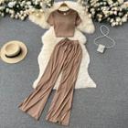 Set Of 2 : Short-sleeve Round-neck Cropped Top + High-waist Drawstring Wide-leg Pants