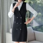 Set: Sleeveless Double-breasted Sheath Dress + Tie-neck Blouse