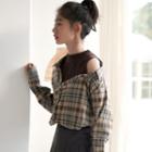 Long-sleeve Mock Two Piece Plaid Shirt As Shown In Figure - One Size