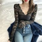 Lace V-neck Long-sleeve See-through Top