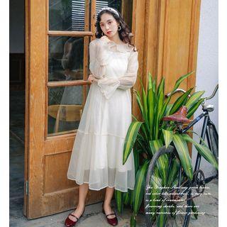 Set: Long-sleeve Embroidered Midi Chiffon Dress + Slipdress