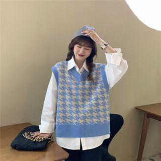 V-neck Houndstooth Knit Vest + Long-sleeve Plain Shirt
