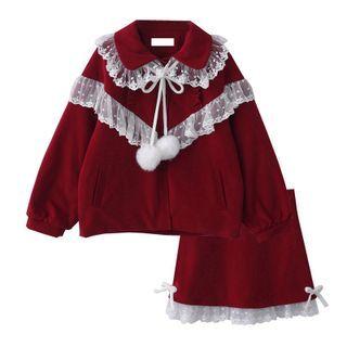 Puff-sleeve Lace Trim Jacket / A-line Skirt