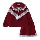 Puff-sleeve Lace Trim Jacket / A-line Skirt