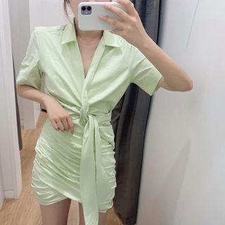 Short-sleeve Tie-front Shirred Sheath Dress