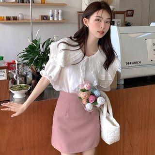 Puff-sleeve Plain Shirt / Mini Pencil Skirt