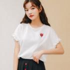 Short-sleeve Heart Embroidered T-shirt / Mini Pleated Skirt