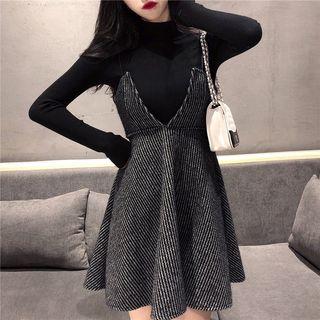 Plain Turtle-neck Long-sleeve Top / Striped Sleeveless Dress