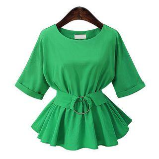 Elbow-sleeve Belted Top