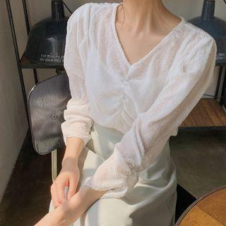Semi Sleeve V-neck Ruched Chiffon Shirt