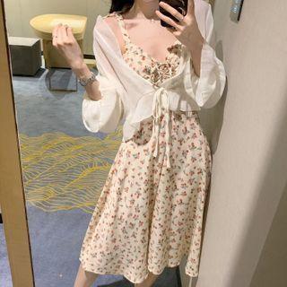 Light Jacket / Flower Print Spaghetti Strap Midi A-line Dress