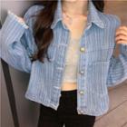 Frayed Striped Long-sleeve Denim Jacket Blue - One Size