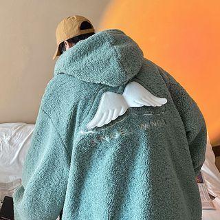 Wings Print Hooded Zip-up Fleece Jacket