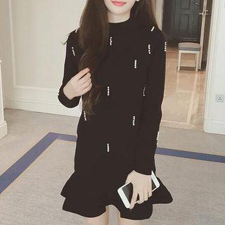 Long-sleeve Ruffle-hem Mini Knit Dress
