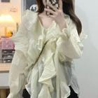 V-neck Long-sleeve Shirt Dots - Almond - One Size