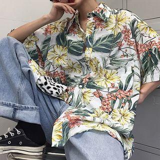 Couple Matching Elbow-sleeve Flower Print Shirt