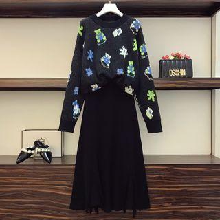 Bear Print Sweater / Midi A-line Skirt / Set