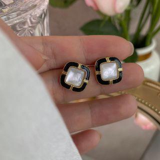 Square Faux Pearl Earring 1 Pair - S925 Silver Needle - Black & Gold - One Size