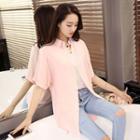 Plain Short-sleeve Linen Cotton Blouse