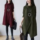 Long-sleeve Mock-neck Slit A-line Dress