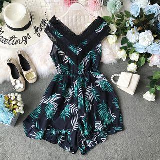 Lace-trim V-neck Printed Playsuit