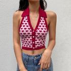 V-neck Collared Heart-print Cropped Knit Top