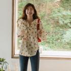 Set: Floral Print Shirred Blouse + Hair Tie Beige - One Size