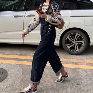 Printed Crew-neck Sweater / Denim Cropped Jumper Pants