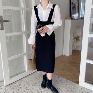 Set: Long-sleeve Shirt + Midi Suspender Pencil Skirt