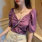 Ruched V-neck Elbow-sleeve Blouse Purple - One Size
