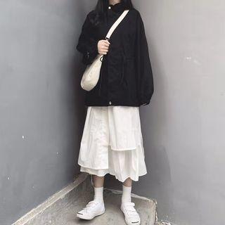 Stand Collar Windbreaker / Layered Midi Skirt