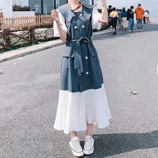 Two-tone Panel Pleated Midi A-line Dress
