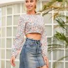 Long-sleeve Floral Print Cropped Top