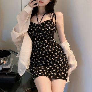 Spaghetti Strap Bear Printed Bodycon Dress