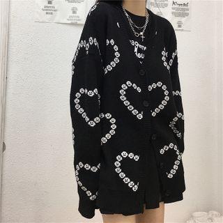 Heart Printed V-neck Knit Cardigan Black - One Size