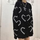 Heart Printed V-neck Knit Cardigan Black - One Size