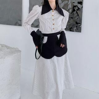 Pinstriped Shirt / Midi A-line Skirt