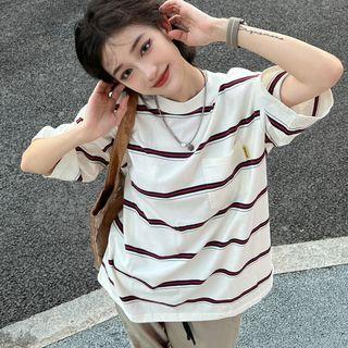 Short-sleeve Striped Front Pocket Oversized T-shirt