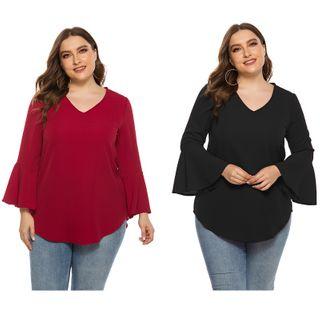 Plus Size V Neck Plain Blouse
