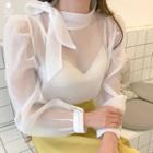 Tie-neck Puff-sleeve See-through Blouse