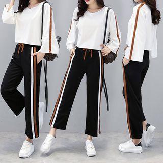 Set: Crew-neck Cropped Pullover + Striped Trim Drawstring Sweatpants