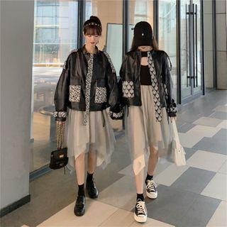 Sleeveless Midi Dress / Long-sleeve Midi Dress / Floral Panel Faux-leather Jacket