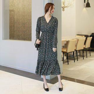 Long-sleeve Frill-hem Wrap-front Floral Long Dress