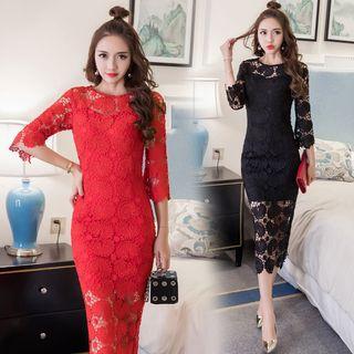 3/4-sleeve Lace Midi Bodycon Dress
