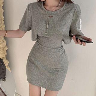 Short-sleeve Plain Cutout Open-back Shaping Dress Gray - One Size