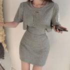 Short-sleeve Plain Cutout Open-back Shaping Dress Gray - One Size